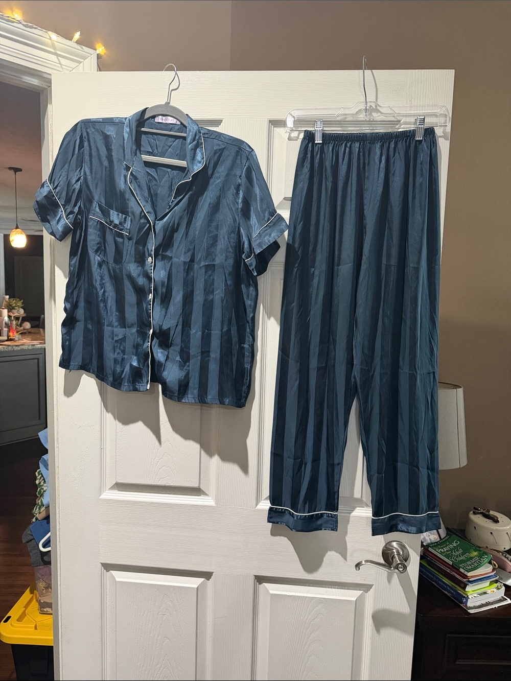 Striped Satin Short-Sleeve Pajama Set in Deep Blue